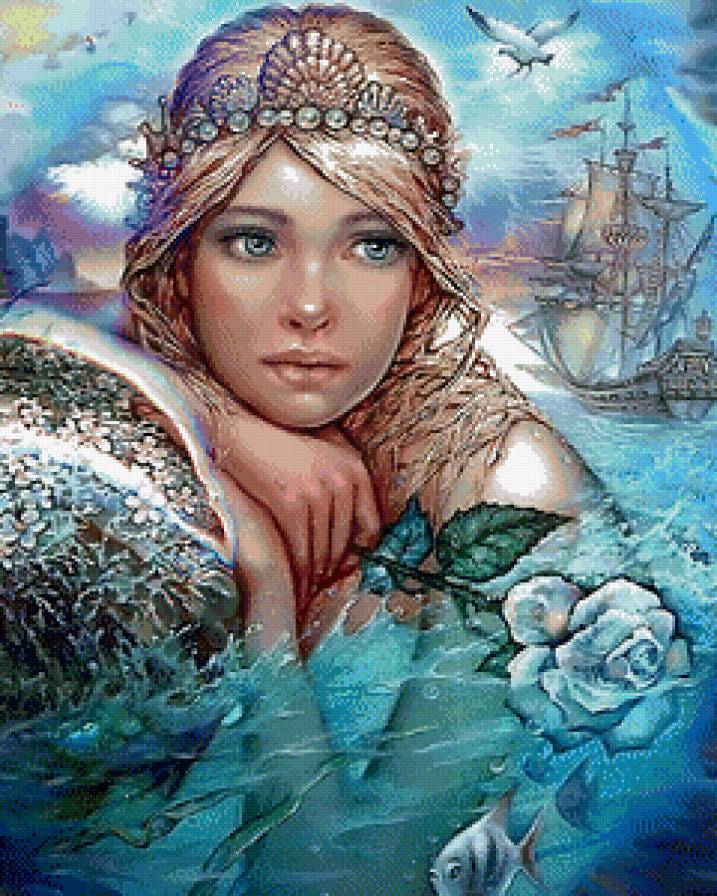 Сирена - девушка, роза, рыбки, корабль, цветы, море - предпросмотр