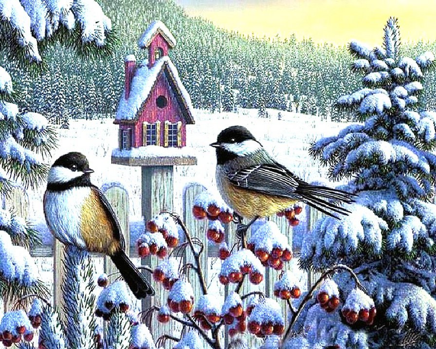 Синички и Ягодки - снег, зима, птицы, пейзаж, ягодки, птички, природа, синички - оригинал