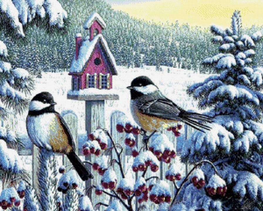 Синички и Ягодки - птички, синички, пейзаж, зима, природа, ягодки, птицы, снег - предпросмотр