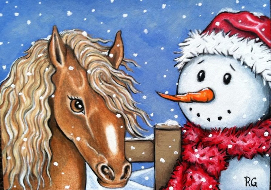 Год Лошади - лошади, снеговик, лошадь, лошадка, снег, гороскоп, новый год - оригинал