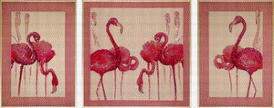 триптих розовый фламинго - природа, птицы - предпросмотр