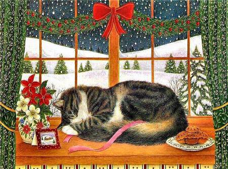 спящий кот - уют, окно, домашние животные, кот, рождество, зима, кошки - оригинал