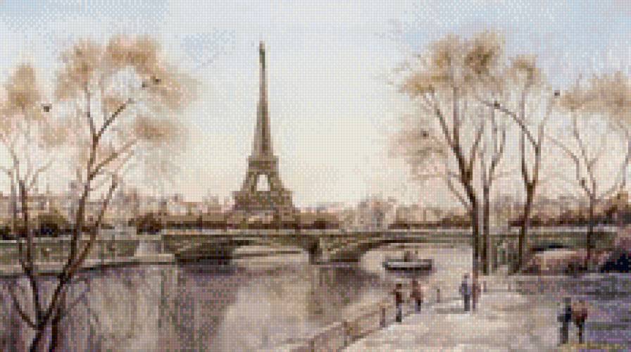 Париж - пейзаж, мост, живопись, старый город, акварель - предпросмотр