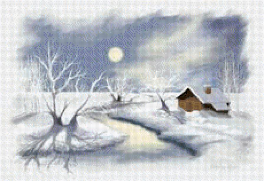зимний пейзаж - пейзаж, домик, зима, природа - предпросмотр