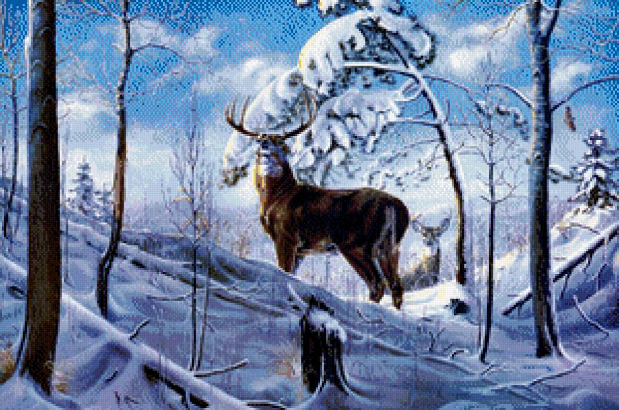 Серия "Пейзажи" - снег, зима, пейзаж, олени, животные - предпросмотр