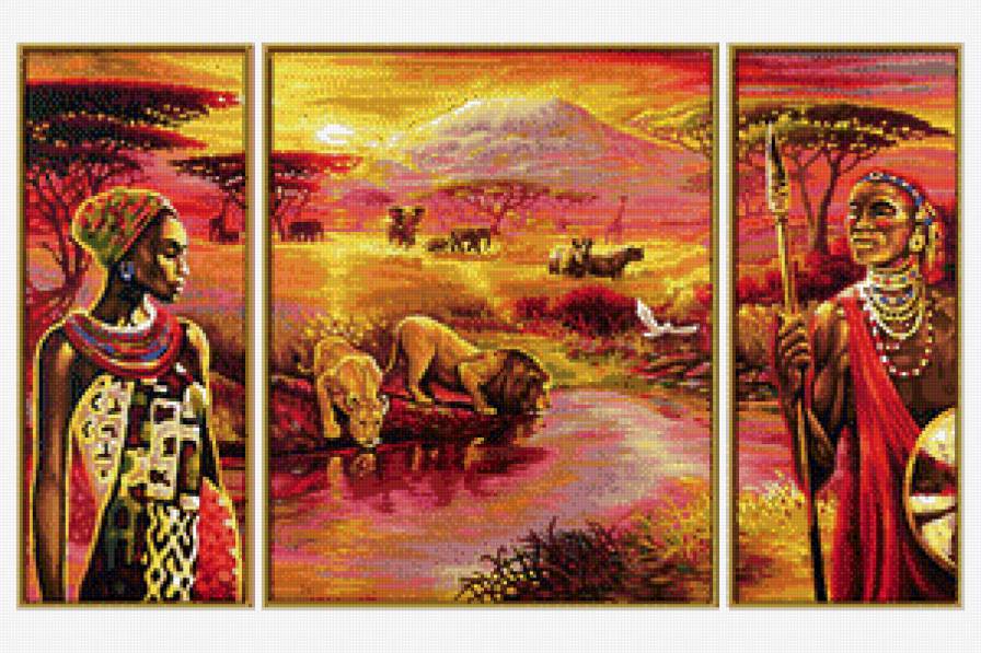 триптих африка - племя, африка, закат, звери - предпросмотр