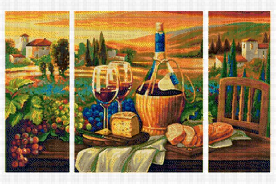 триптих натюрморт - еда, вино, бокалы, бутылки, виноград - предпросмотр