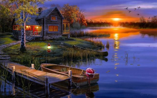 Пейзаж - закат, река, дом, лодка - оригинал