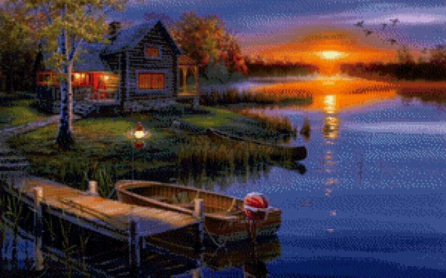 Пейзаж - лодка, дом, река, закат - предпросмотр
