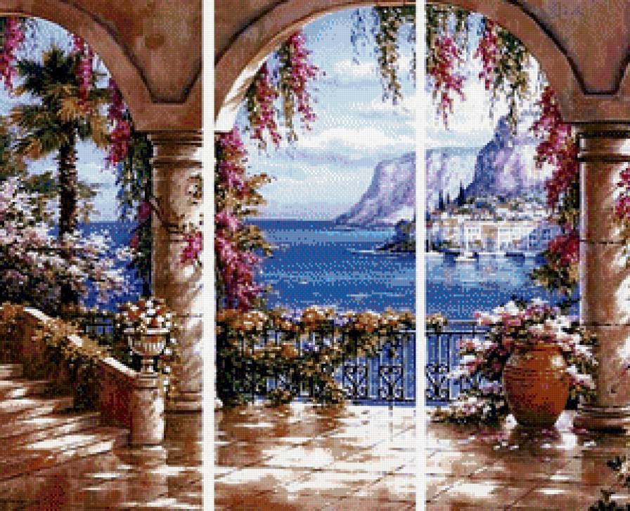 триптих арка - дворец, замок, море, колонны, цветы - предпросмотр
