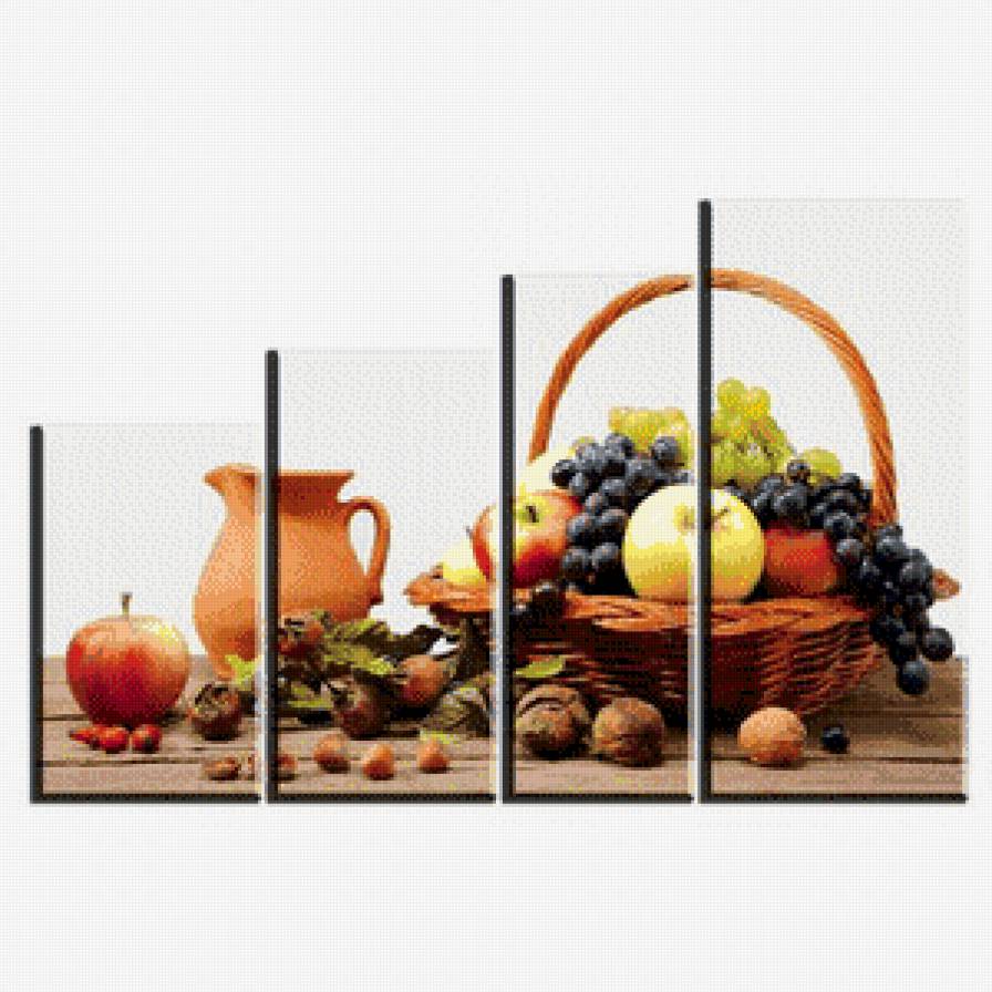триптих натюрморт - фрукты, на кухню, кувшин, виноград, корзина - предпросмотр