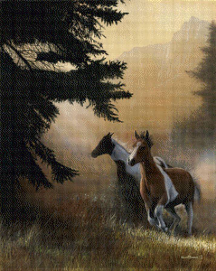 Серия "Кони" - туман, животные, лошади, кони, пейзаж - предпросмотр