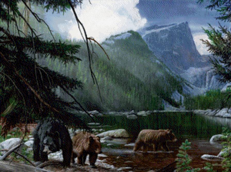 Серия "Медведи" - пейзаж, горы, медведи, животные, река - предпросмотр