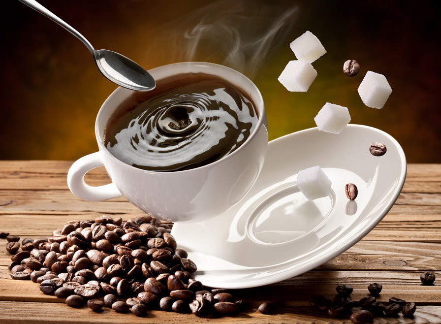 чашка кофе - для кухни, кубики, сахар, ложка, зерна - оригинал