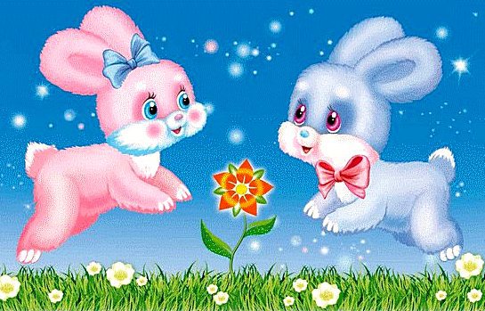 Влюбленные зайчата - цветочки, влюбленные, зайчики, животные - оригинал