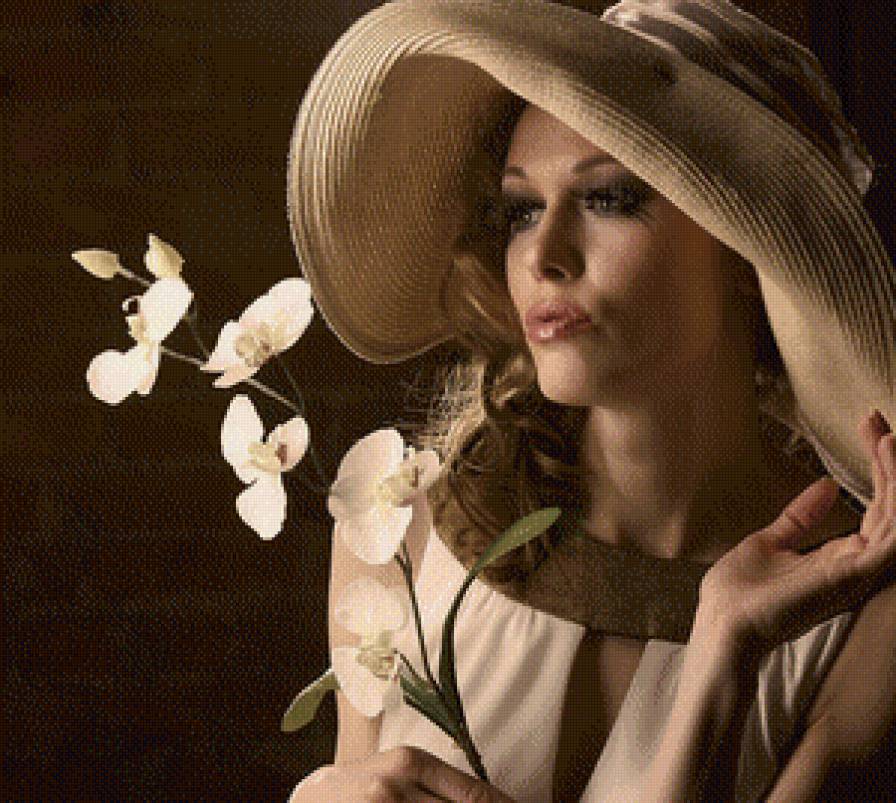 дама в шляпе с орхидеями - девушка, красота, цветы - предпросмотр