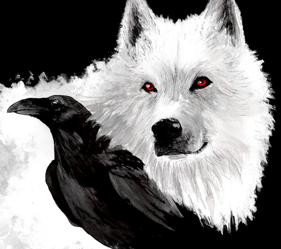 волк и ворон - хищник, живопись, глаза - оригинал