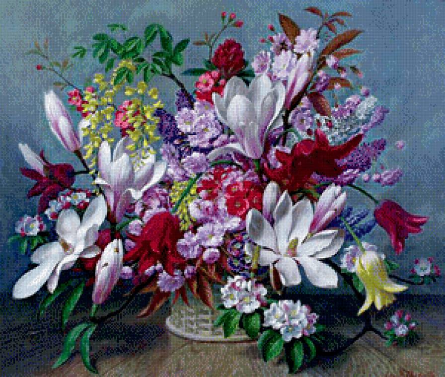 шикарный букет - тюльпан, камелия, ваза, цветы, яблоня, акация, вишня, картина, живопись - предпросмотр