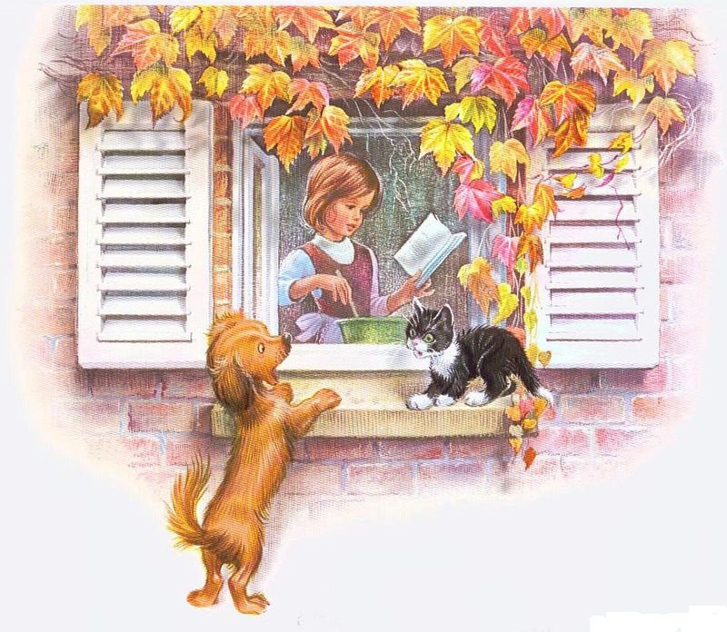 Серия "Очаровашки" - кошки, осень, собаки, дети, животные, девочка - оригинал
