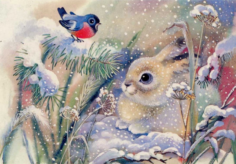 Зайчик со снегирем - зима, животные, детская, пейзаж - оригинал