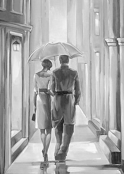 Прогулка под дождем - дождь, романтика, зонт, пара, прогулка, монохром, люди, свидание - оригинал