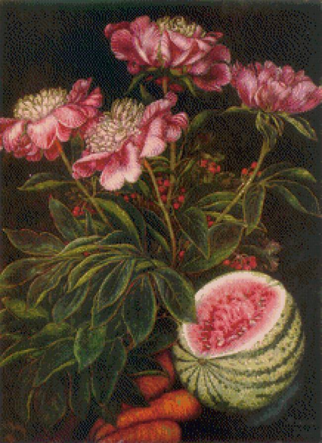 Натюрморт с арбузом - цветы, пионы, арбуз, натюрморт - предпросмотр