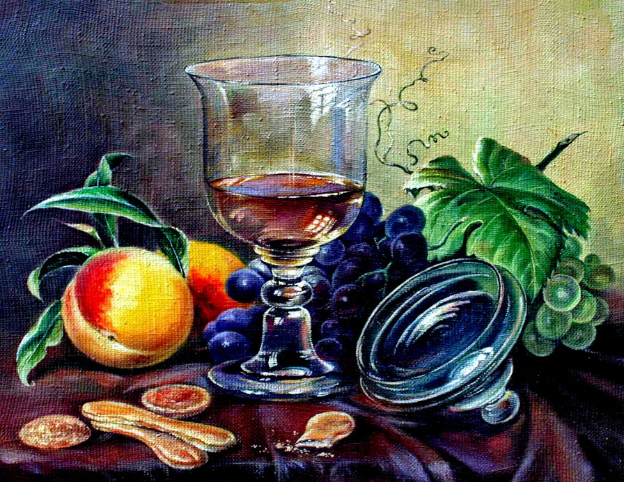 старинная картина - натюрморт, виноград, бокал, , фрукты, живопись, персик, печенье - оригинал