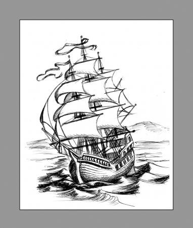 парусник черно-белый 2 - черно-белое, парусник, корабль, море - оригинал