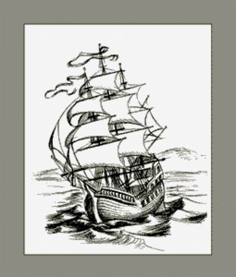 парусник черно-белый 2 - корабль, черно-белое, парусник, море - предпросмотр