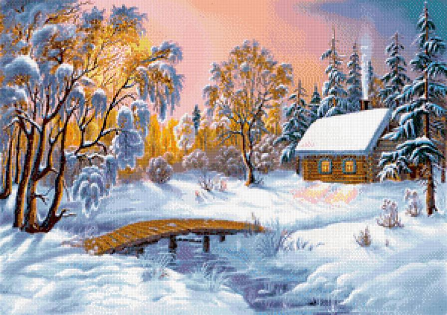 Серия "Зима" - домик, закат, река, зима, пейзаж - предпросмотр