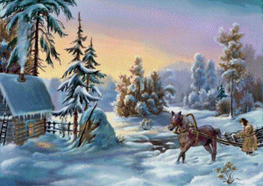 Серия "Зима" - лошади, домик, зима, пейзаж, люди, животные - предпросмотр