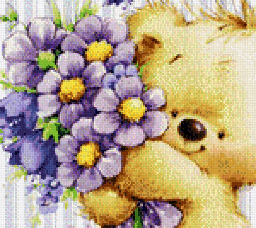 Медвежонок с цветами - малыши, цветы, незабудки, деткам, медвежонок, медвежата, букет - предпросмотр