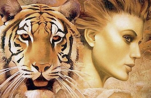 Дама с тигром - большие кошки, дама, тигры, девушка, сепия, животные, женщина, люди - оригинал