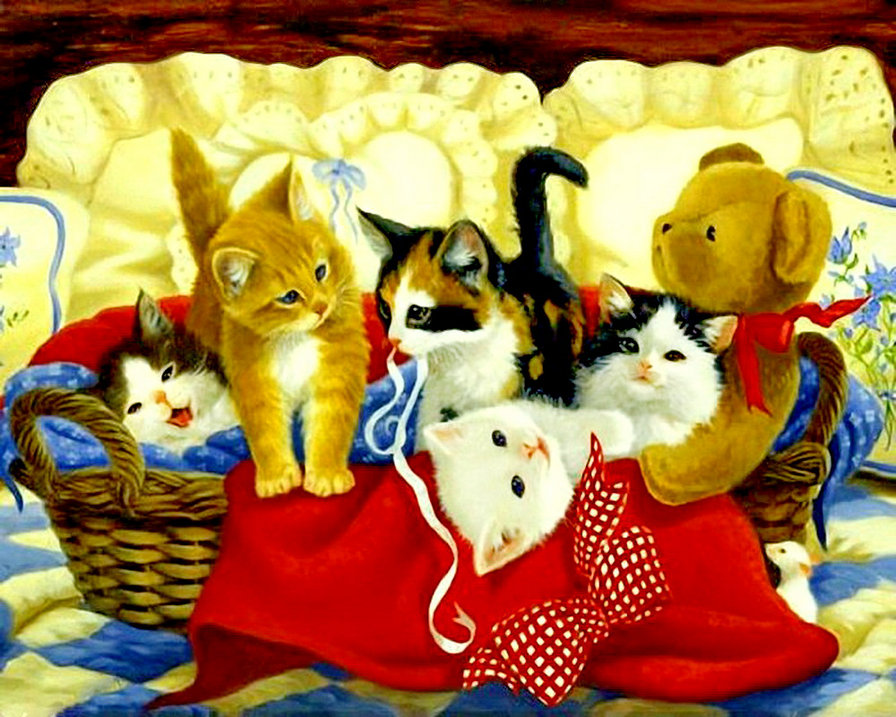 котята в корзинке - кот, лапушка, подушка, бант, игрушка, милашка, мишка, котенок, лента - оригинал