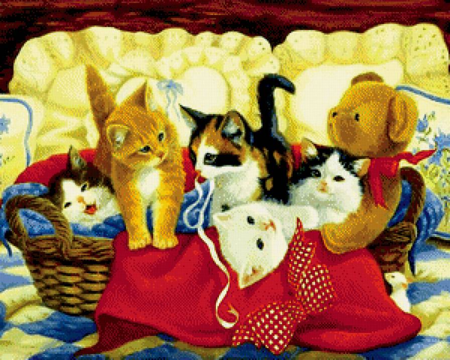 котята в корзинке - кот, бант, лента, милашка, игрушка, котенок, мишка, подушка, лапушка - предпросмотр