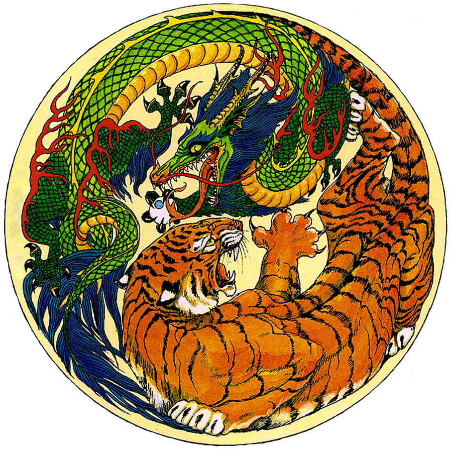 инь-янь - фэнтези, япония, дракон, живопись, китай, восток, тигр, фэншуй, панно - оригинал