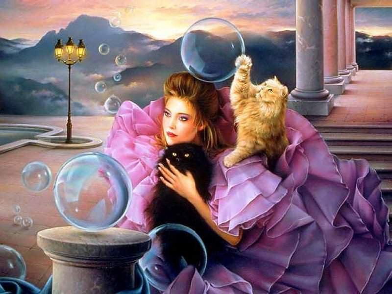 Девушка и котята - кошки, девушка, картины - оригинал