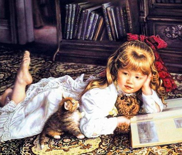 котёнок и девочка с книгой - дети, книга, девочка, котенок - оригинал
