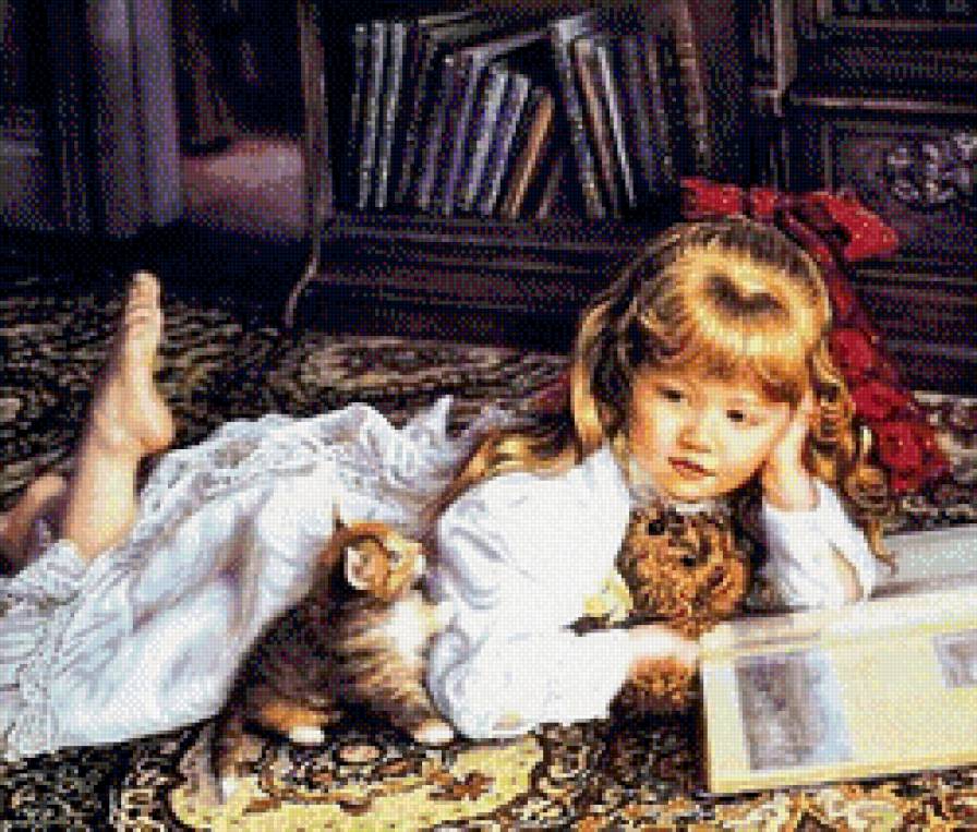 котёнок и девочка с книгой - книга, дети, котенок, девочка - предпросмотр