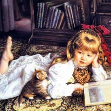 Оригинал схемы вышивки «котёнок и девочка с книгой» (№512387)