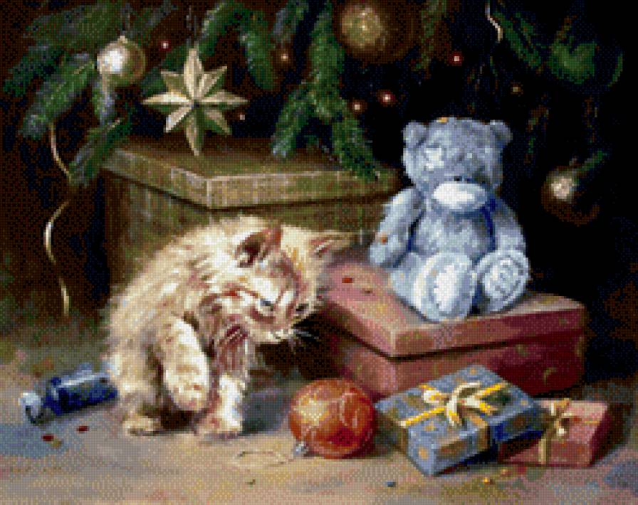 новый год - елка, котенок, елочка, снег, рождество, новый год, подарки - предпросмотр