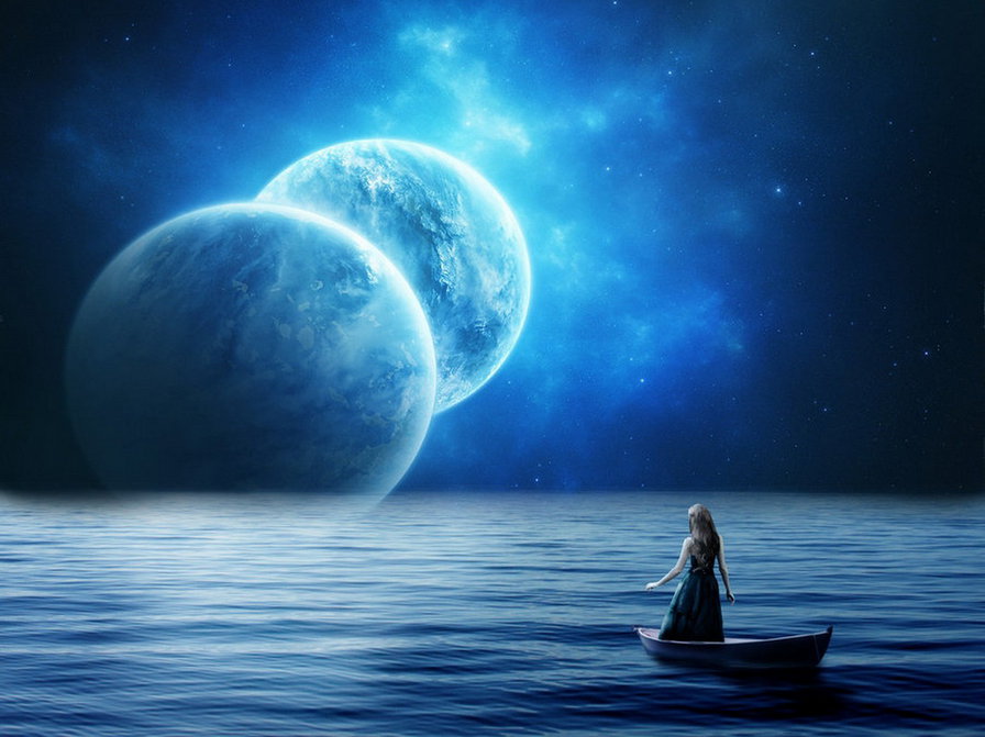 В свете луны...(живопись) - девушка, прогулка.лодка, фэнтези, люди, дама, море - оригинал