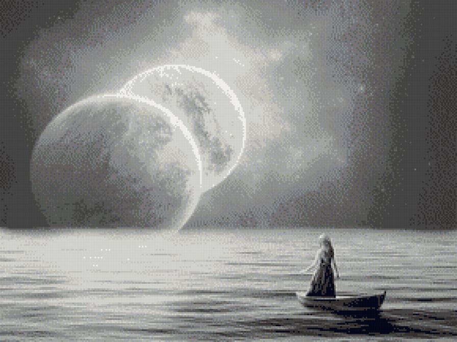 В свете луны... - лодка, женщина, монохром, прогулка, фэнтези, люди, море, девушка - предпросмотр