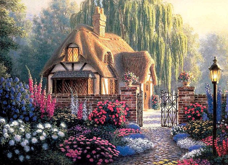 Уютный уголок - пейзаж, цветы, домик, сад - оригинал