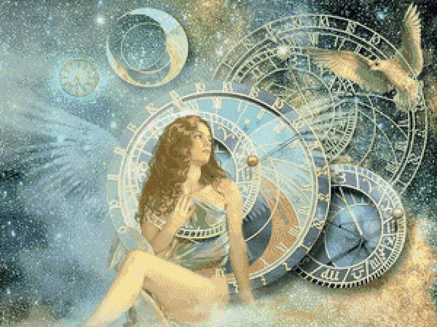 Красота и время - дама, люди, женщина, живопись, часы, фэнтези, птицы, девушка, время - предпросмотр