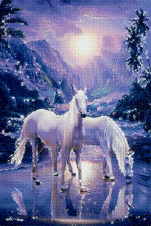 Белые лошади - пейзаж, животные - предпросмотр
