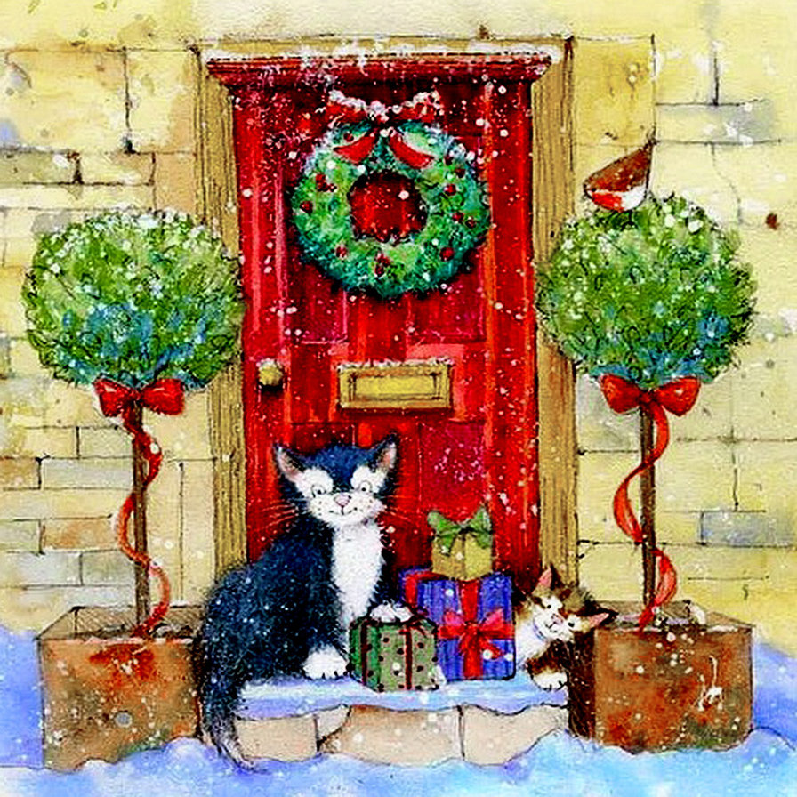 в ожидании праздника - живопись, подарок, котенок, снег, кот, дверь, зима, новый год, венок - оригинал
