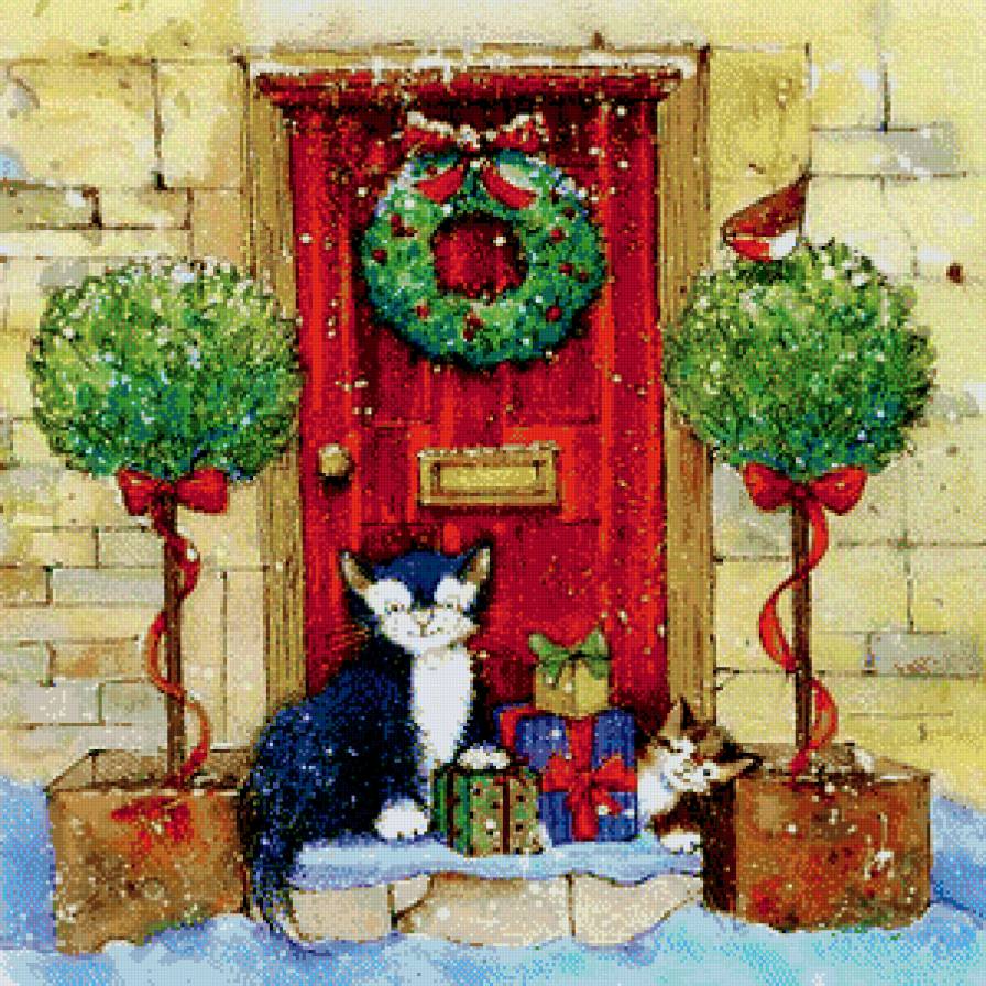 в ожидании праздника - новый год, кот, дверь, котенок, подарок, зима, снег, живопись, венок - предпросмотр