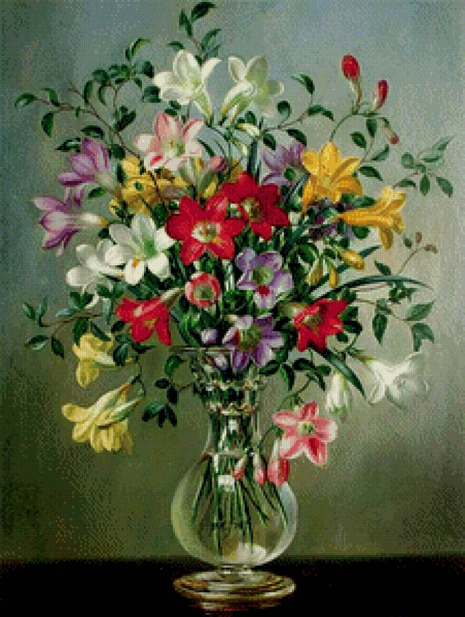 милый букетик - фрезии, живопись, цветы, ваза, картина - предпросмотр