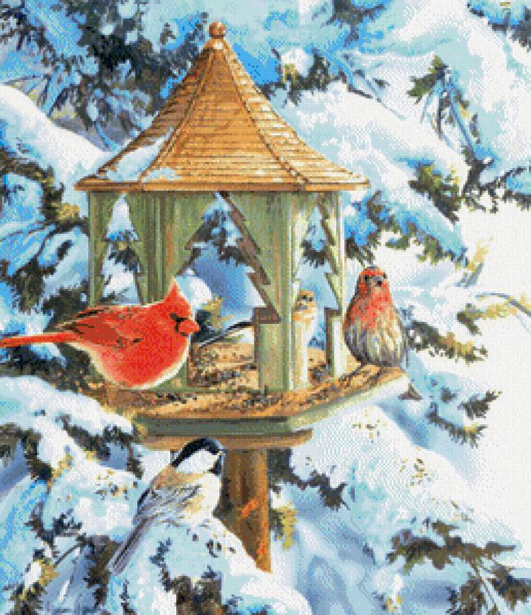 Серия "Птичий домик" - домик, кардиналы, синицы, птицы, зима - предпросмотр